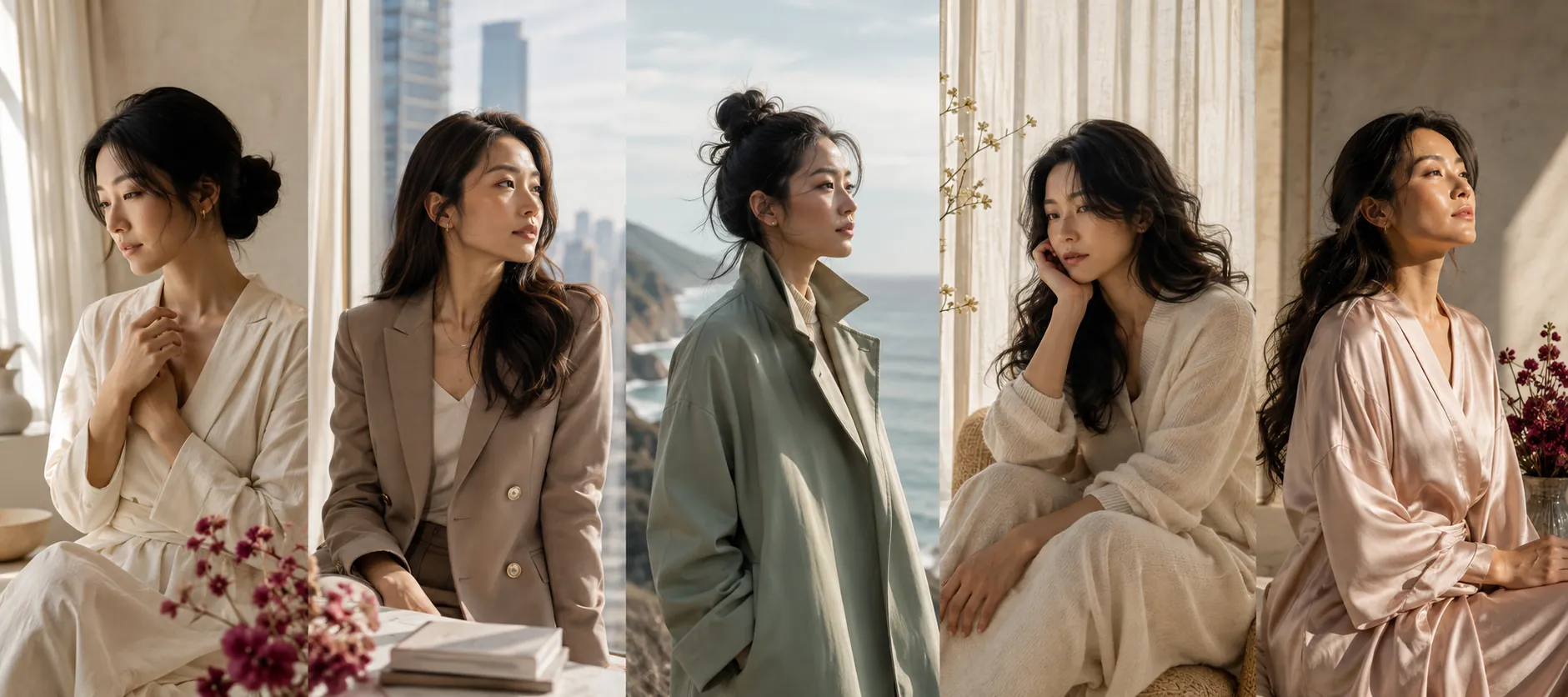 Five distinct Asian women representing the Golden Child, Perfectionist, Hyper Independent, Hermit and Sovereign archetypes