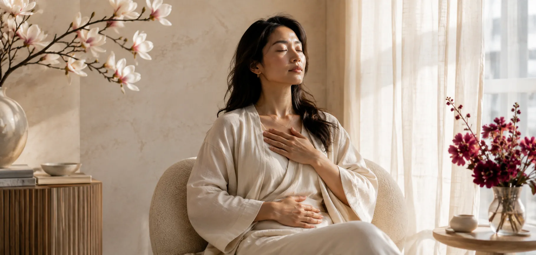 An Asian woman practising breathwork with one hand on her heart and one on her stomach