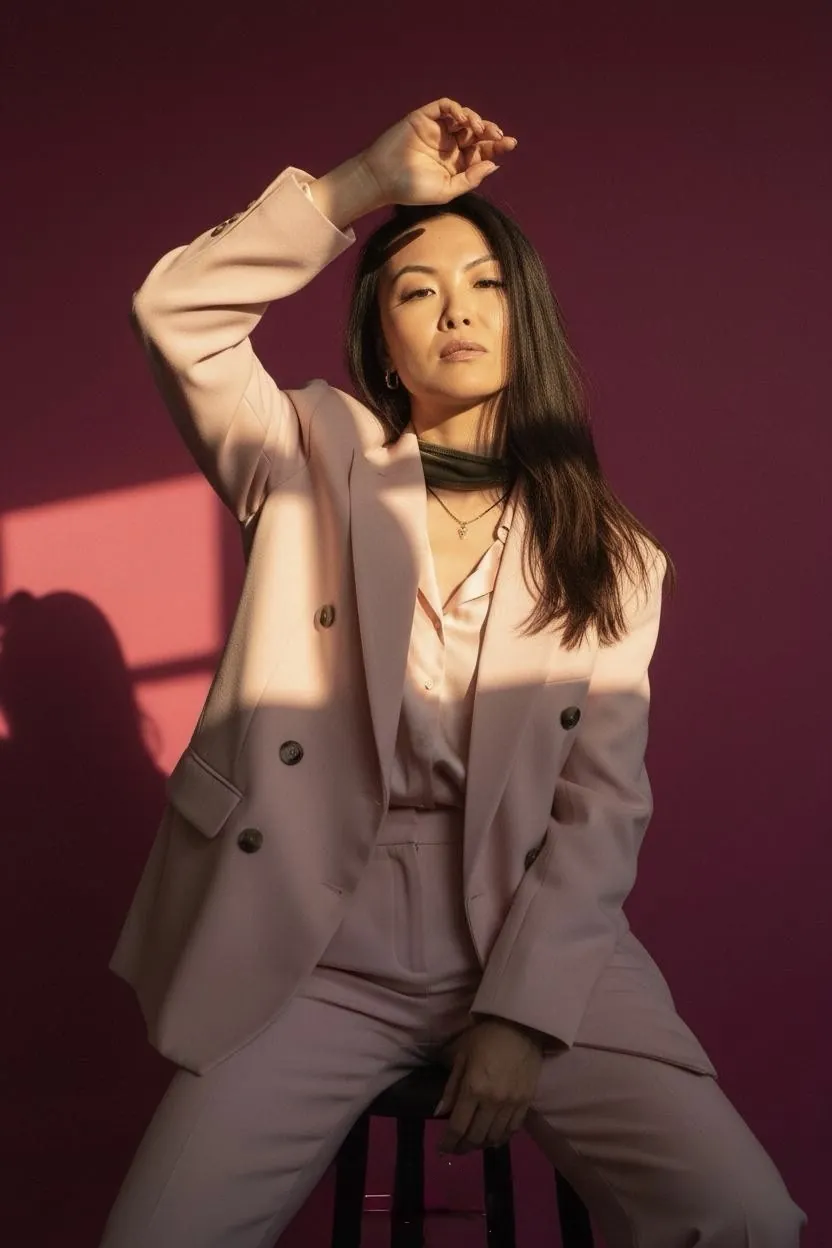 Alice Muse in a fuchsia editorial portrait wearing a soft rose suit