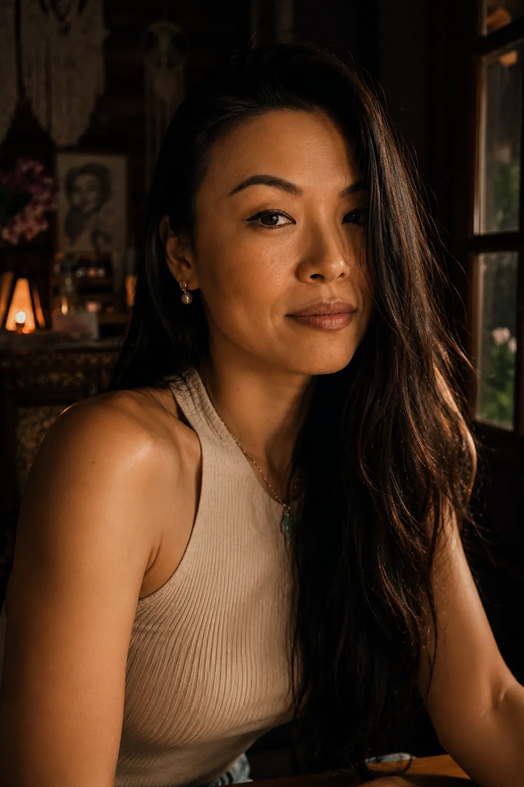 Close portrait of Alice Muse beside a window in warm, low light
